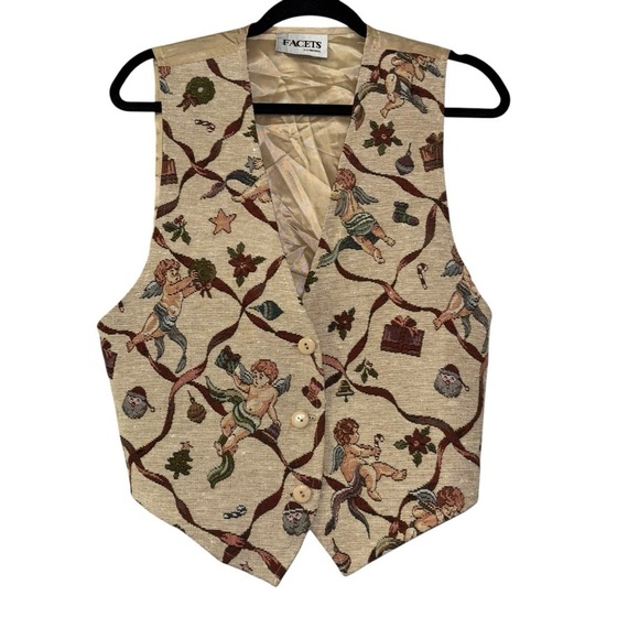 Vintage Facets Cherub Santa Christmas Holiday Vest Tan Women’s M Tree 90’a Y2K - Picture 6 of 15